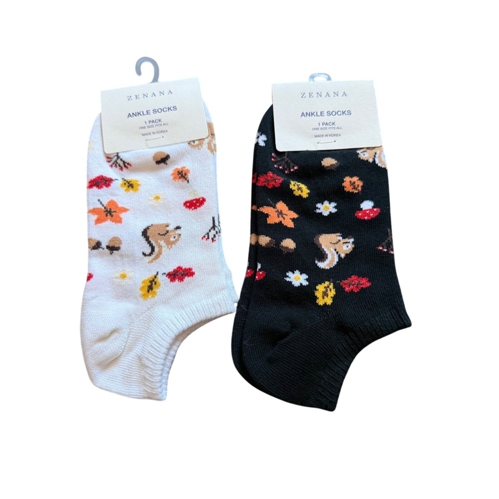 Zenana Ankle Socks Squirrel Mushroom Floral 2 Pair Women One Size NWT